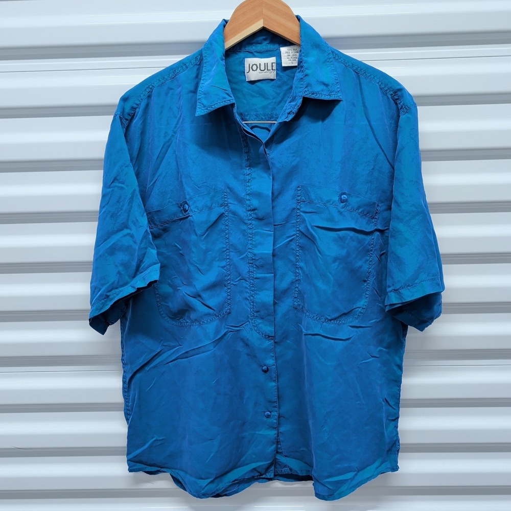 Joule Energy Shirt LG Womens Teal Blue 100% Silk Short Sleeve Button Up Vintage — photo 2